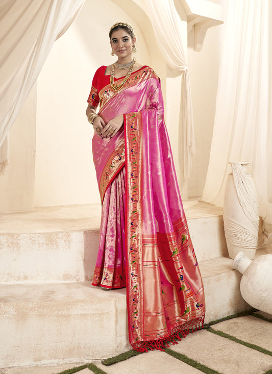 Cherry Pink Zari Woven Paithani Tissue Silk Saree