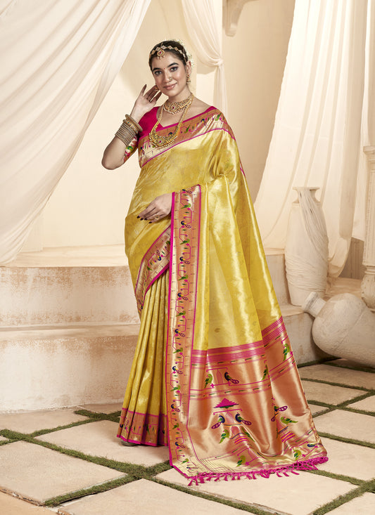 Pastel Yellow Zari Woven Paithani Tissue Silk Saree