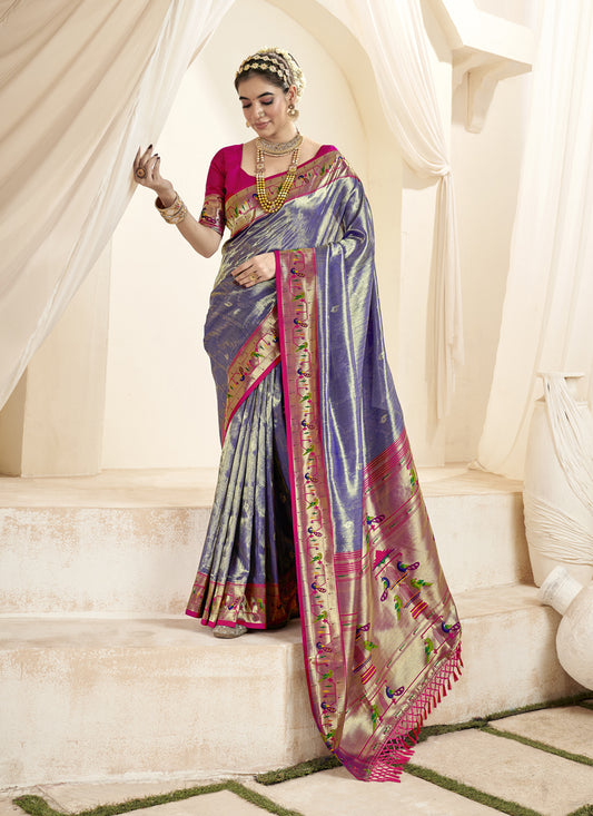 Violet Zari Woven Paithani Tissue Silk Saree