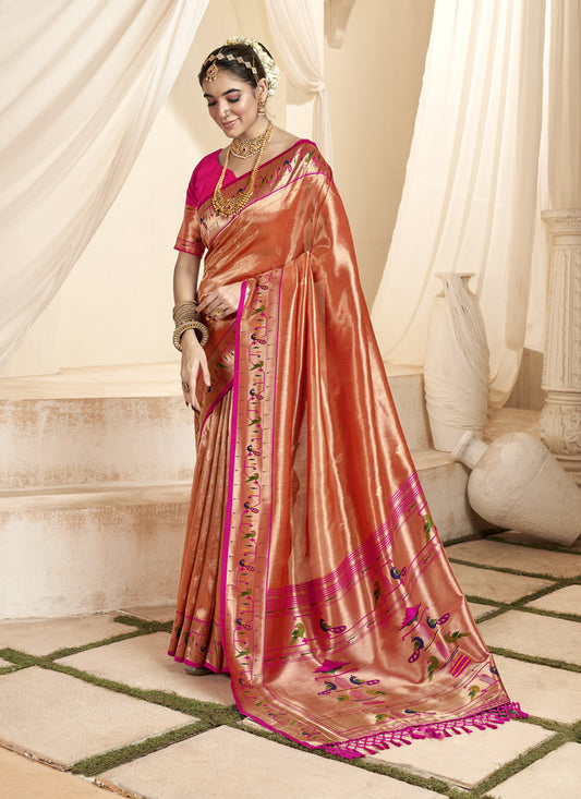 Salmon Orange Zari Woven Paithani Tissue Silk Saree