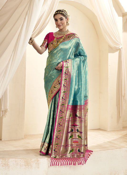 Firozi Zari Woven Paithani Tissue Silk Saree