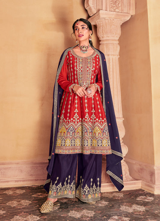 Tomato Red Chinnon Embroidered Palazzo Kameez