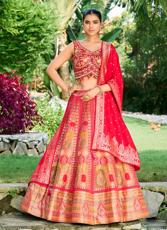 Red Silk Readymade Designer Lehenga Choli