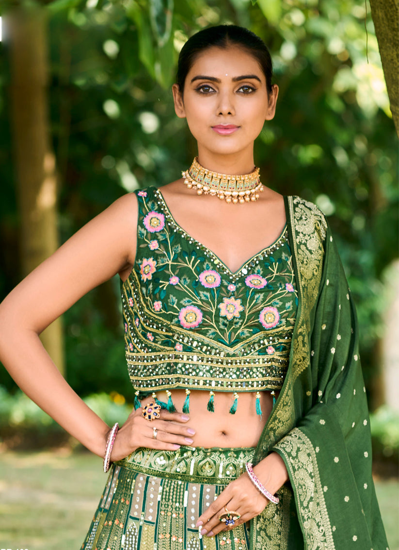 Moss Green Silk Readymade Designer Lehenga Choli