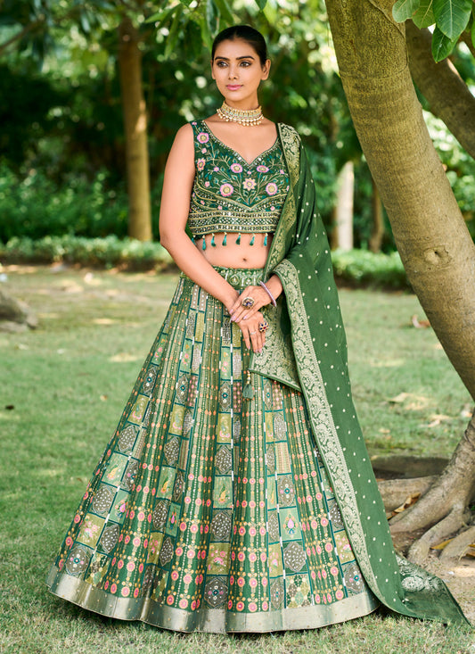 Moss Green Silk Readymade Designer Lehenga Choli