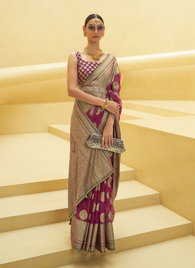 Magenta Printed Organza Brasso Party Wear Saree