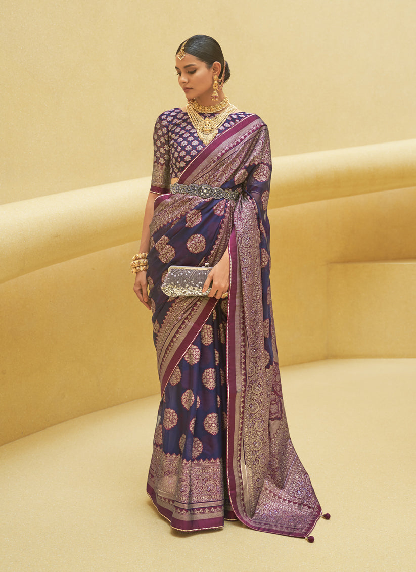 Navy Blue Printed Organza Brasso Party Wear Saree