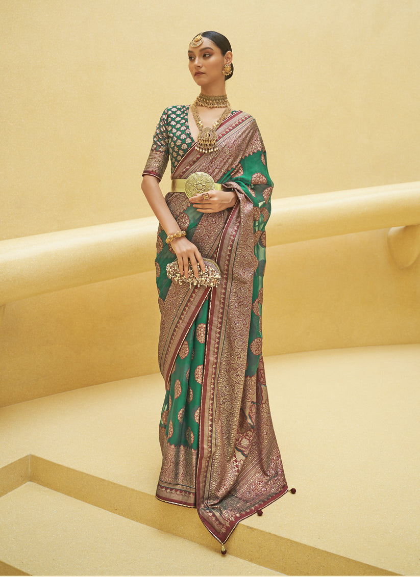 Rama Green Printed Organza Brasso Party Wear Saree