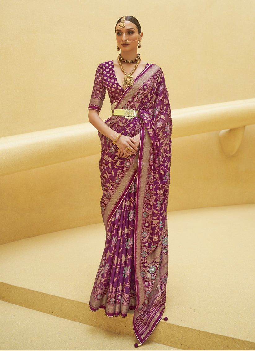 Magenta Printed Organza Brasso Party Wear Saree