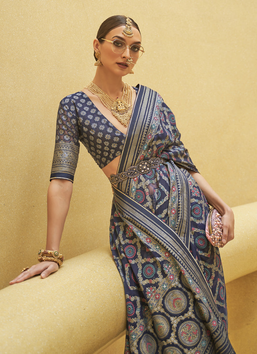 Midnight Blue Printed Organza Brasso Party Wear Saree