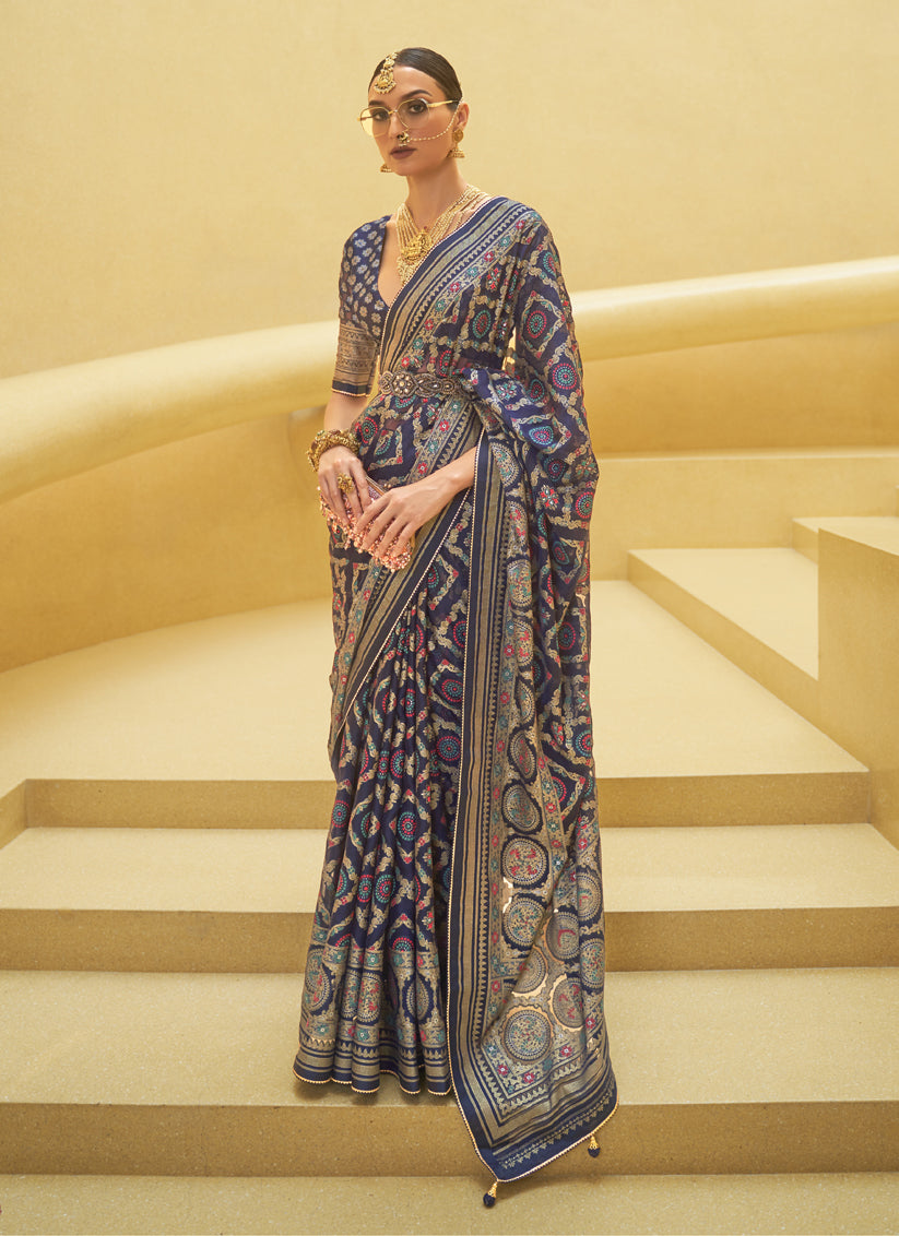 Midnight Blue Printed Organza Brasso Party Wear Saree