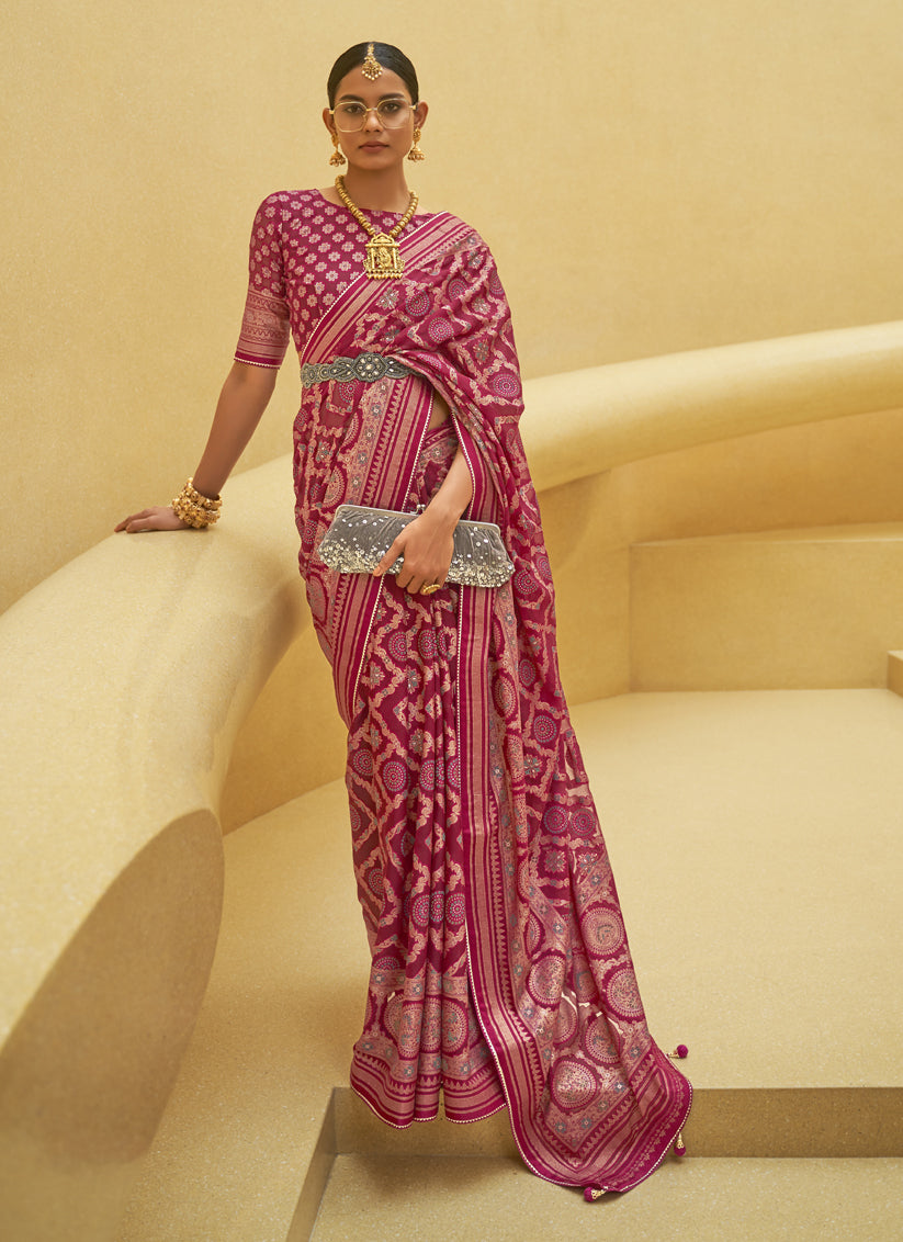 Magenta Printed Organza Brasso Party Wear Saree