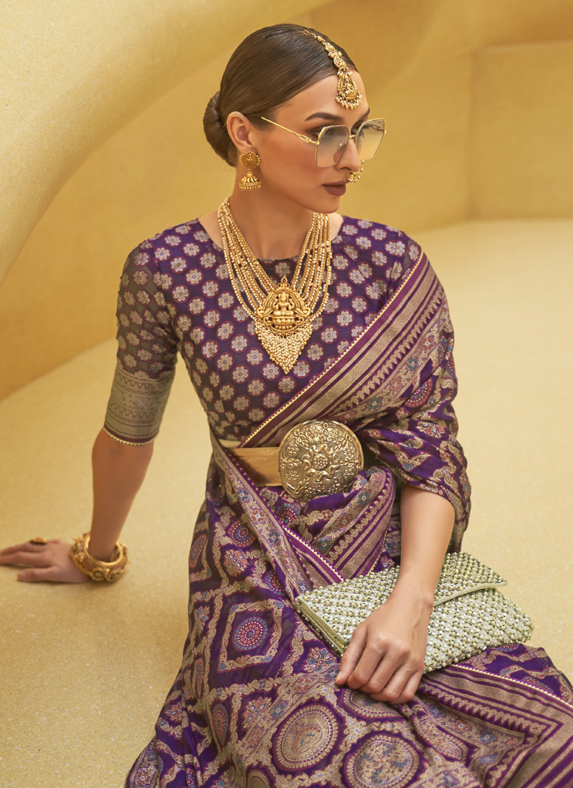 Eggplant Printed Organza Brasso Party Wear Saree