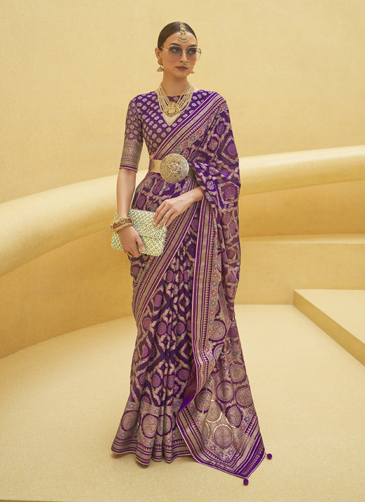 Eggplant Printed Organza Brasso Party Wear Saree