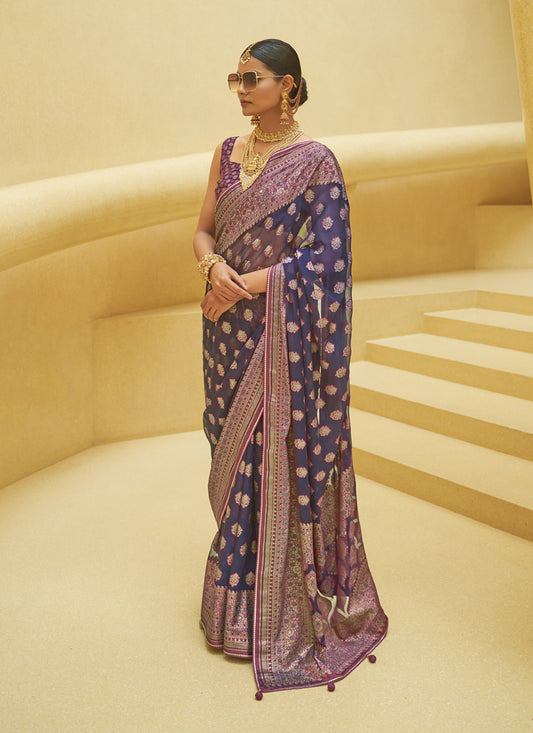 Navy Blue Printed Organza Brasso Party Wear Saree