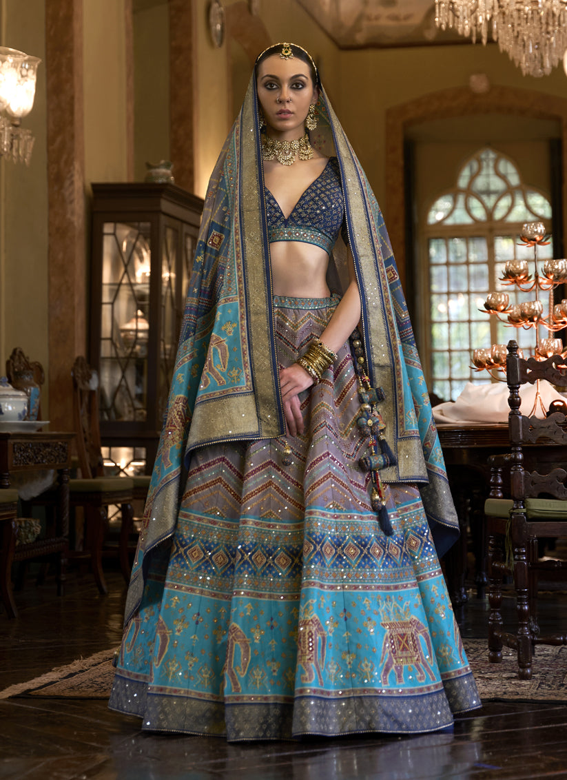 Dusty Grey Rajwadi Silk Embellished Designer Lehenga Choli