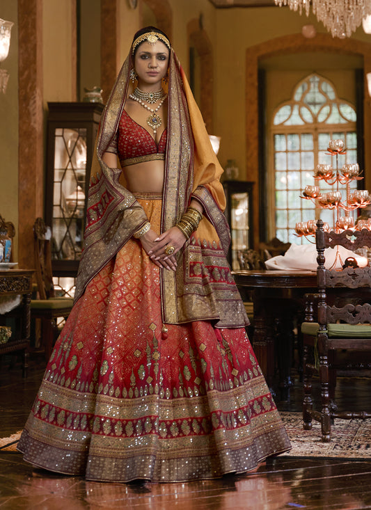 Hot Red and Mustard Rajwadi Silk Embellished Designer Lehenga Choli