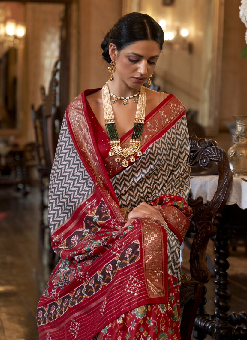 Black and White Rajwadi Patola Silk Woven Saree