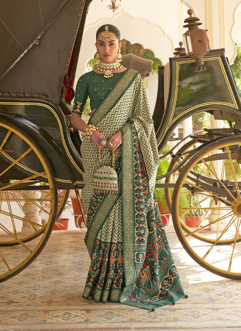 Off White and Pine Green Embellished Silk Saree