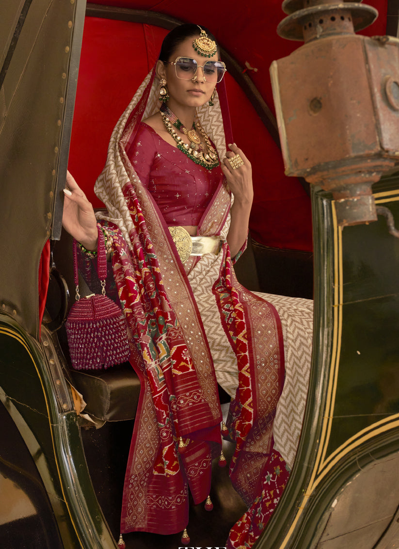 Off White and Maroon Embellished Silk Saree