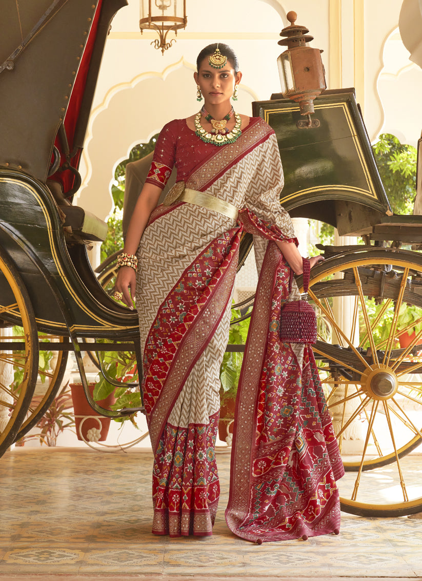 Off White and Maroon Embellished Silk Saree