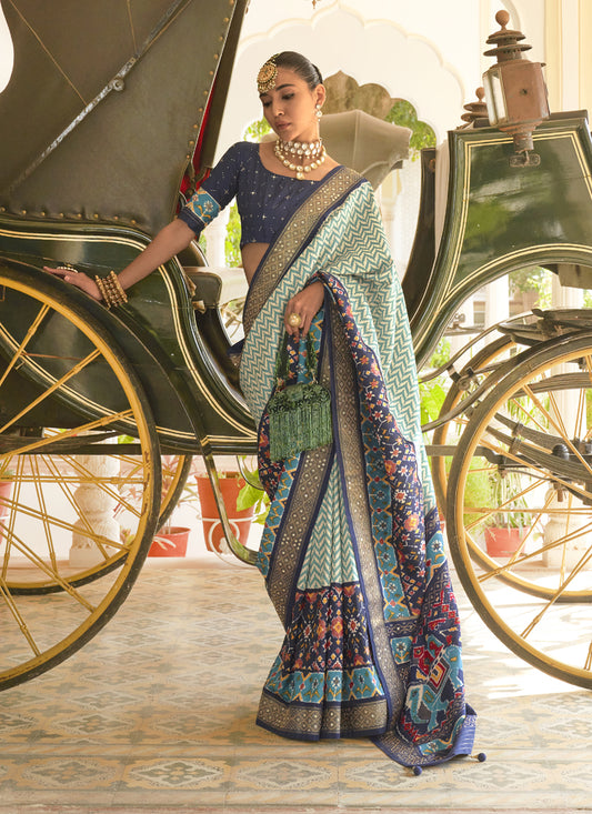 Off White and Navy Blue Embellished Silk Saree