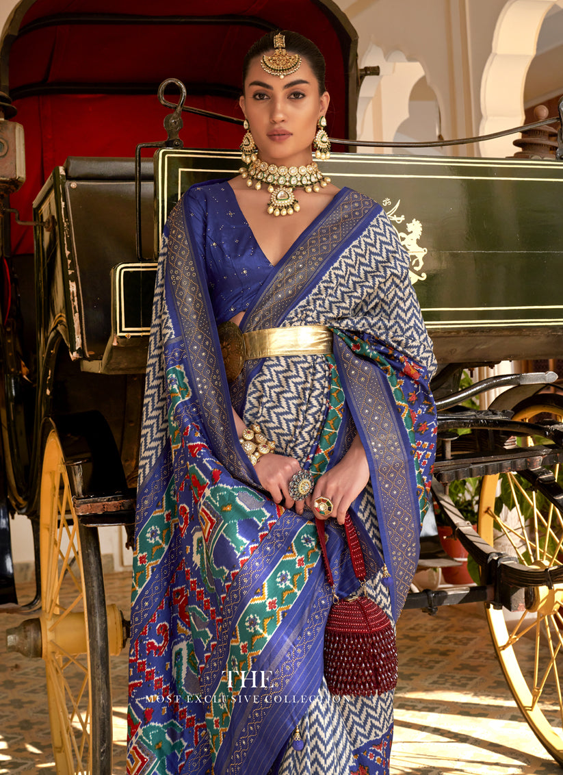 Off White and Royal Blue Embellished Silk Saree