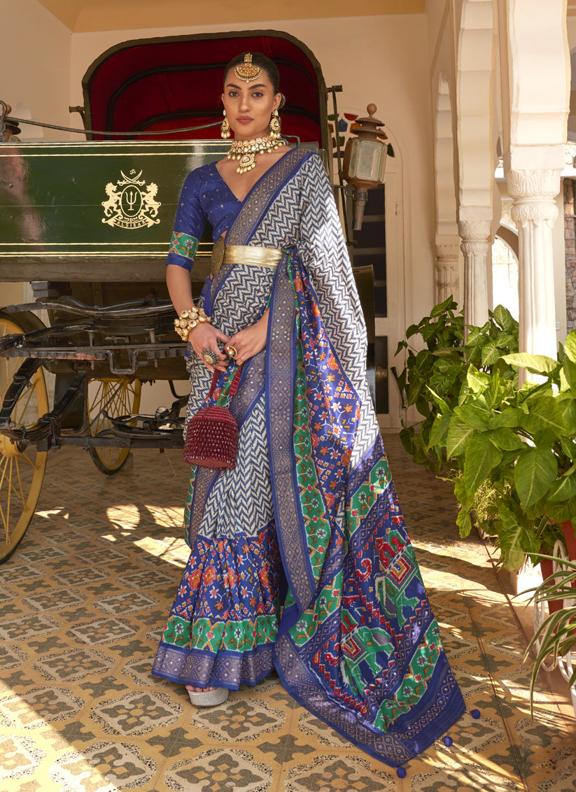 Off White and Royal Blue Embellished Silk Saree