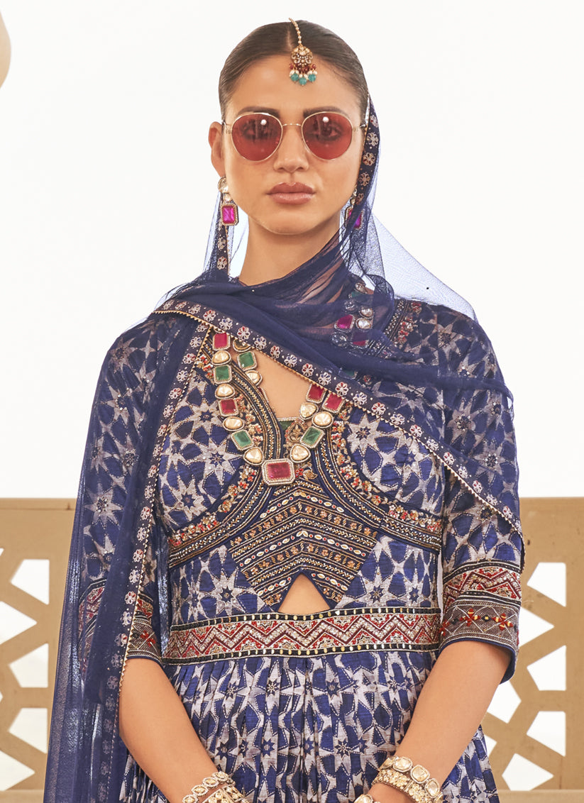 Indigo Silk Designer Gown with Dupatta
