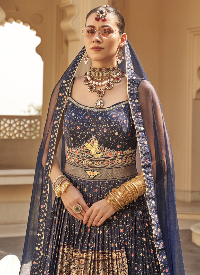 Slate Blue and Beige Silk Designer Gown with Dupatta