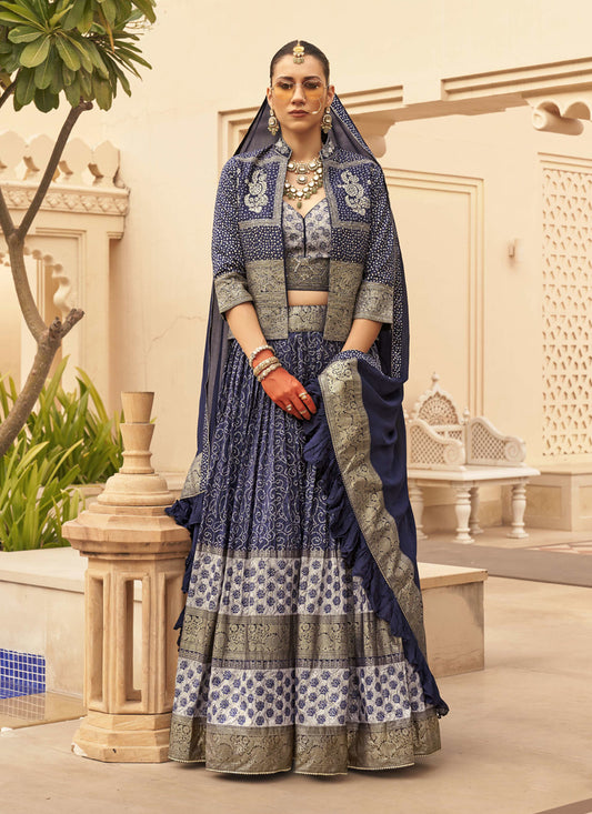 Navy Blue Viscose Silk Designer Lehenga Choli with Dupatta and Jacket