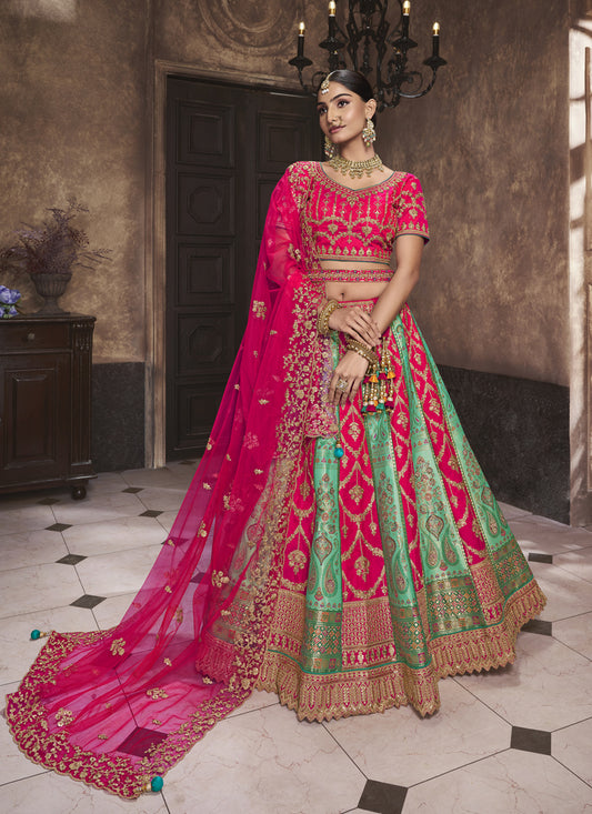 Hot Pink and Sea Green Banarasi Silk Embroidered Designer Bridal Lehenga Set