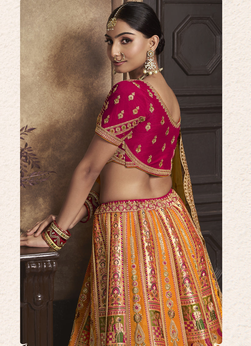 Multicolor Banarasi Silk Embroidered Designer Bridal Lehenga Set