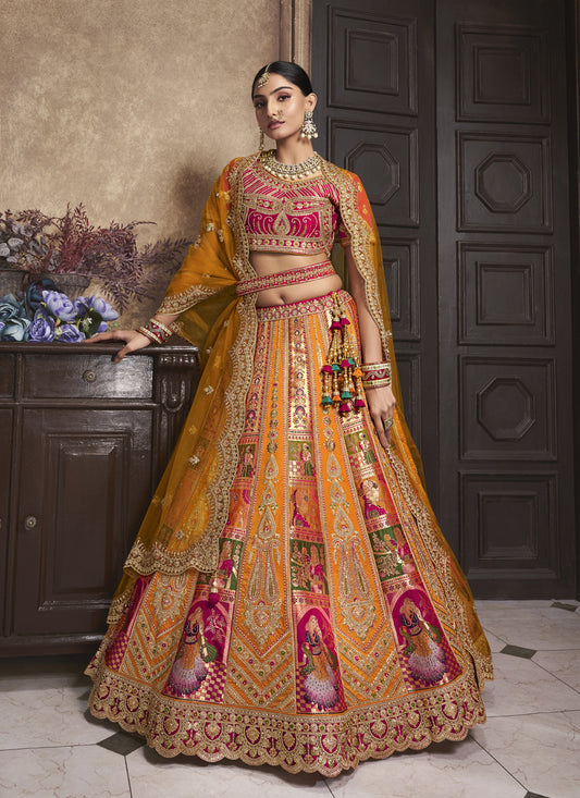 Multicolor Banarasi Silk Embroidered Designer Bridal Lehenga Set