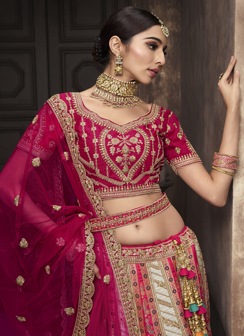Off White and Rani Pink Banarasi Silk Embroidered Designer Bridal Lehenga Set
