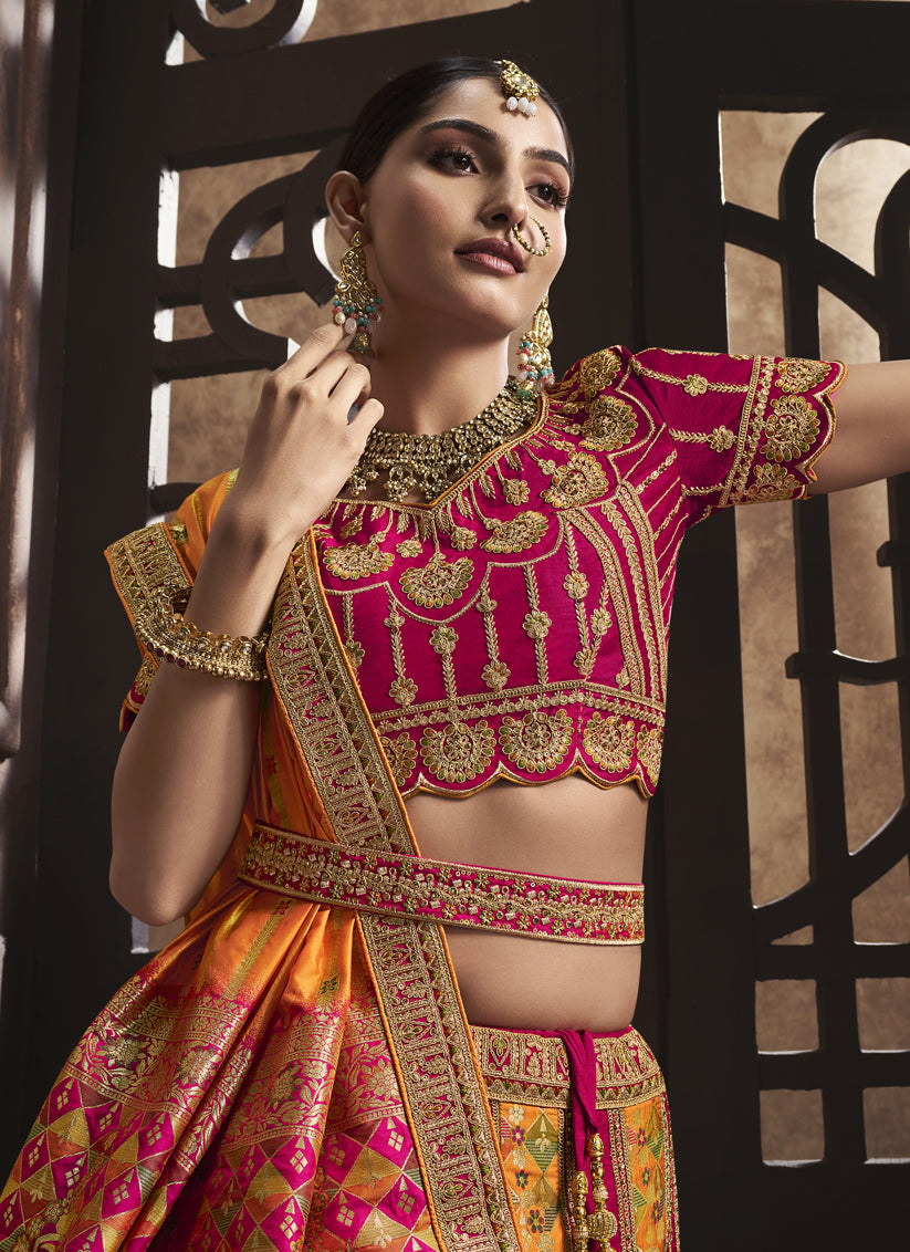 Golden Yellow and Rani Pink Banarasi Silk Embroidered Designer Bridal Lehenga Set