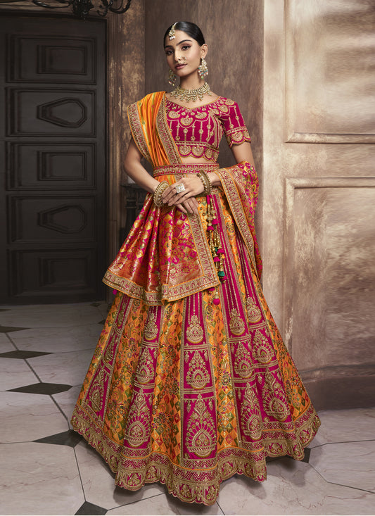 Golden Yellow and Rani Pink Banarasi Silk Embroidered Designer Bridal Lehenga Set