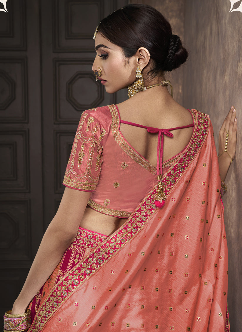 Raspberry Pink and Peach Banarasi Silk Embroidered Designer Bridal Lehenga Set