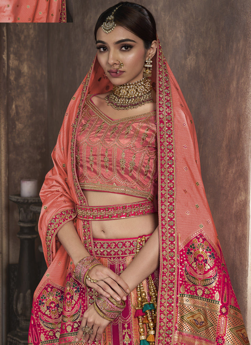 Raspberry Pink and Peach Banarasi Silk Embroidered Designer Bridal Lehenga Set