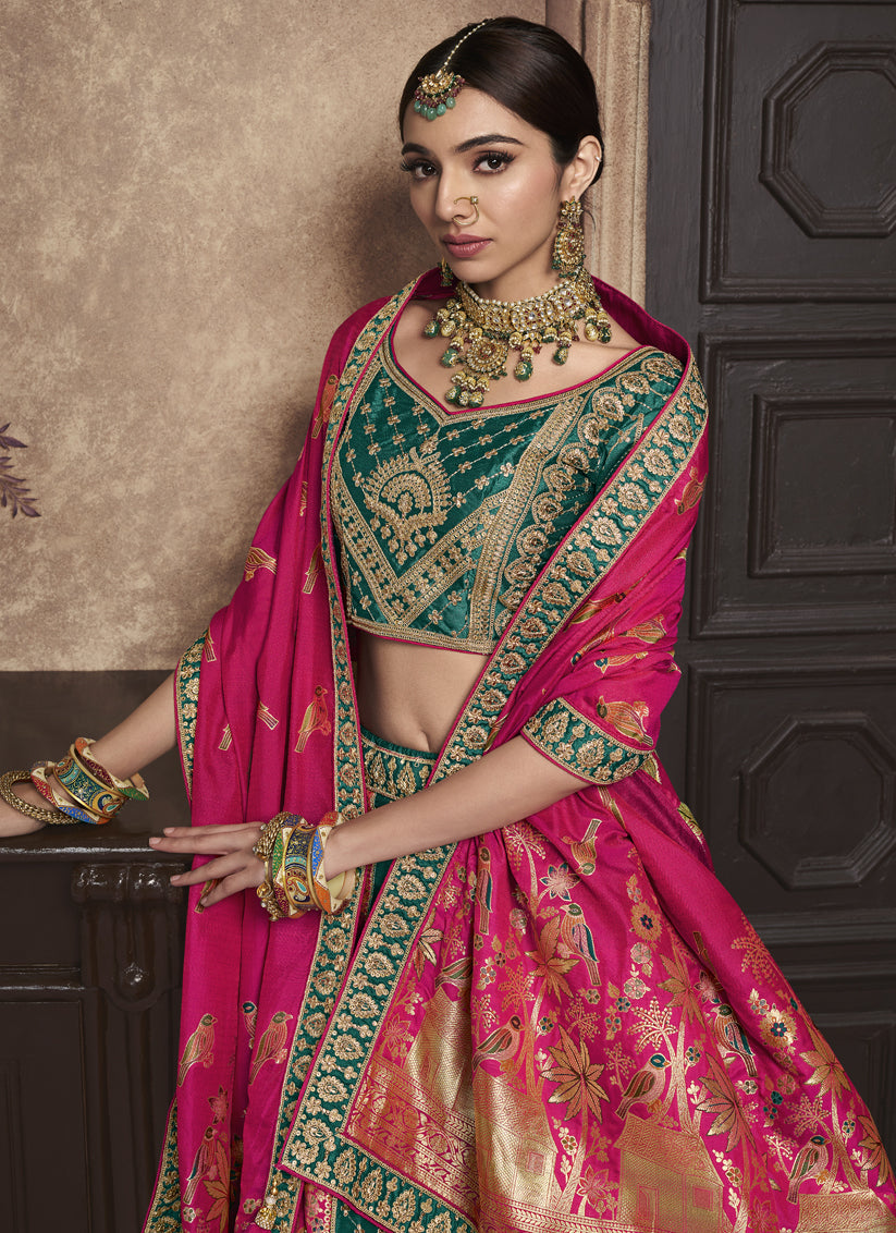 Rama Green and Rani Pink Banarasi Silk Embroidered Designer Bridal Lehenga Set