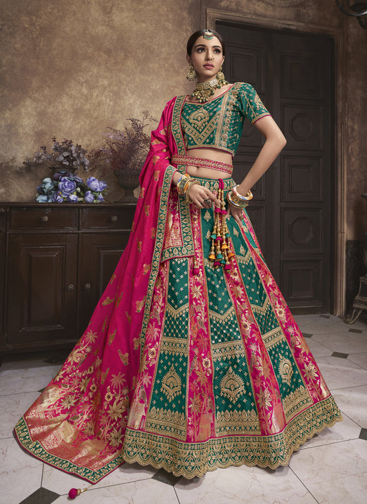 Rama Green and Rani Pink Banarasi Silk Embroidered Designer Bridal Lehenga Set