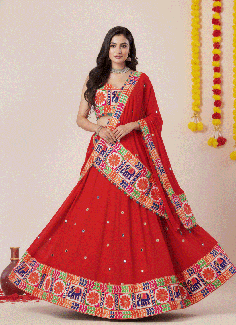 Hot Red Navratri Special Embroidered Mirror Work Chaniya Choli