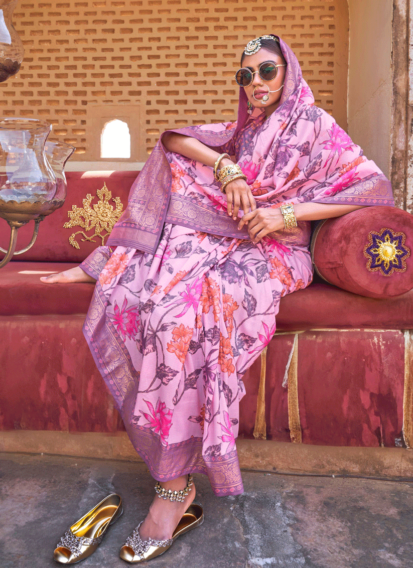 Rose Pink Floral Printed Designer Silk Saree