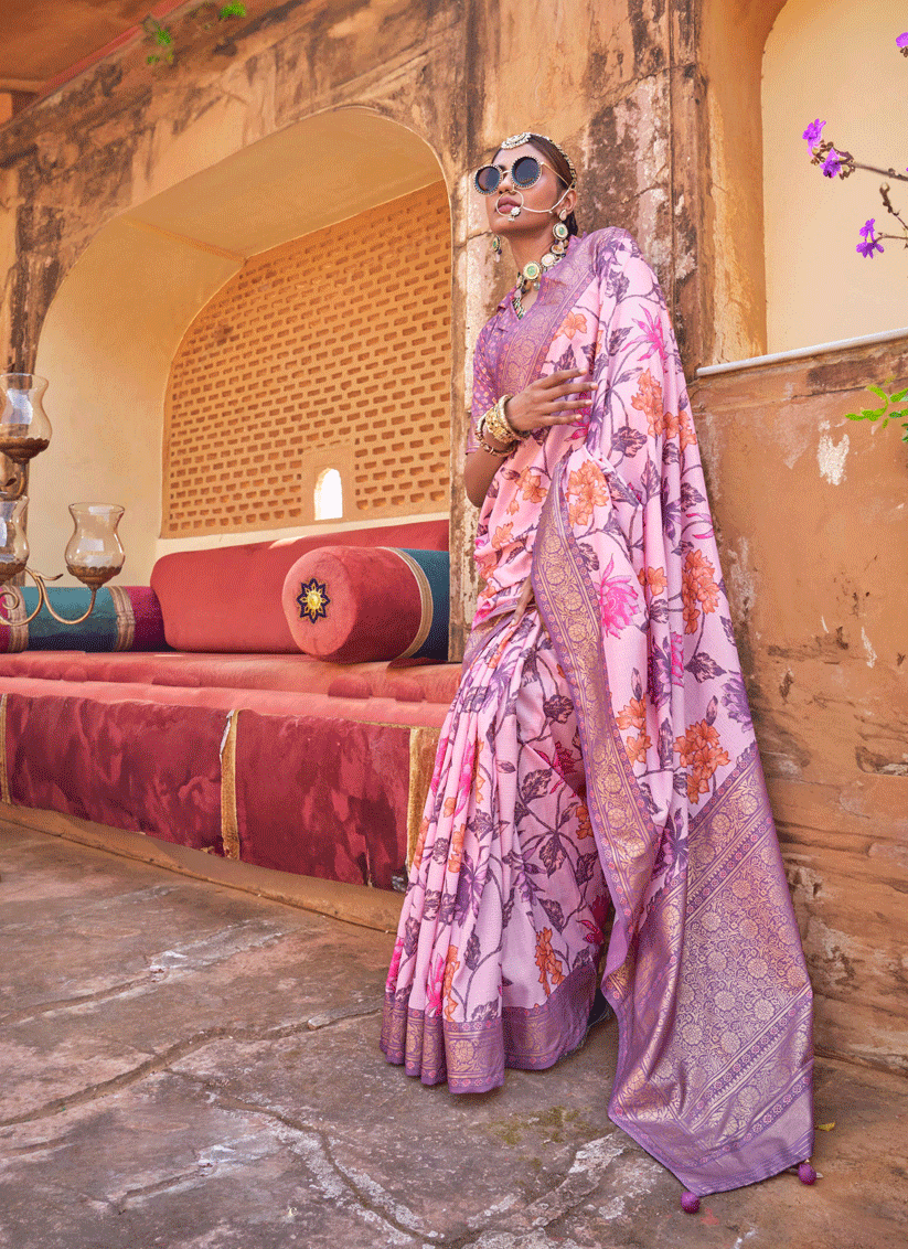 Rose Pink Floral Printed Designer Silk Saree