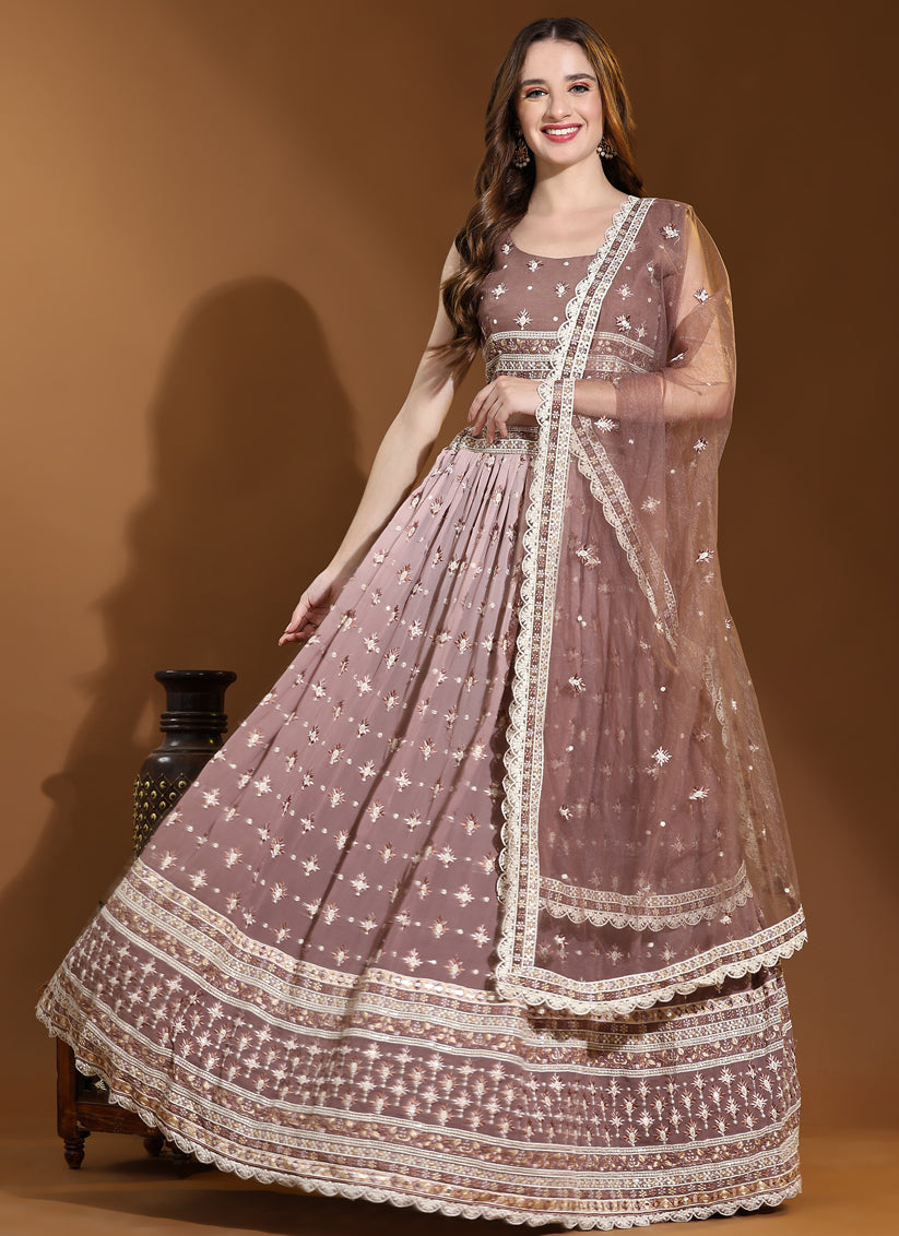 Rose Taupe Pure Viscose Georgette Readymade Lehenga Choli