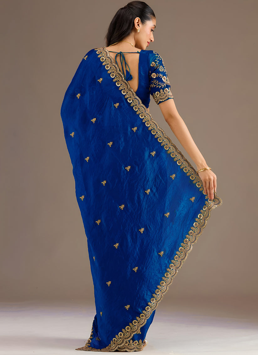 Royal Blue Designer Tissue Saree with Embroidery and Sequin Work