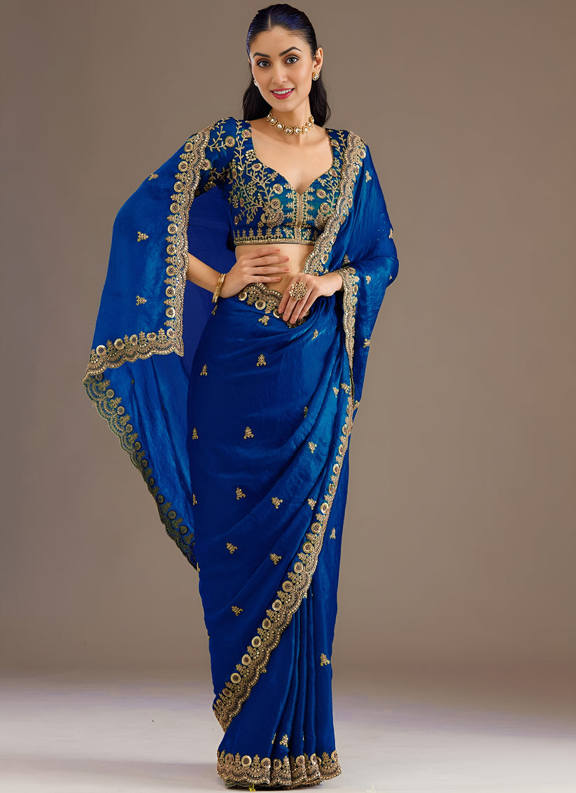 Royal Blue Designer Tissue Saree with Embroidery and Sequin Work