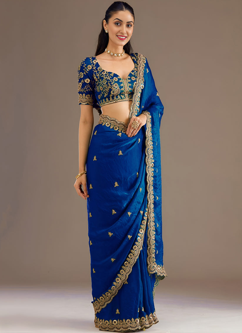 Royal Blue Designer Tissue Saree with Embroidery and Sequin Work