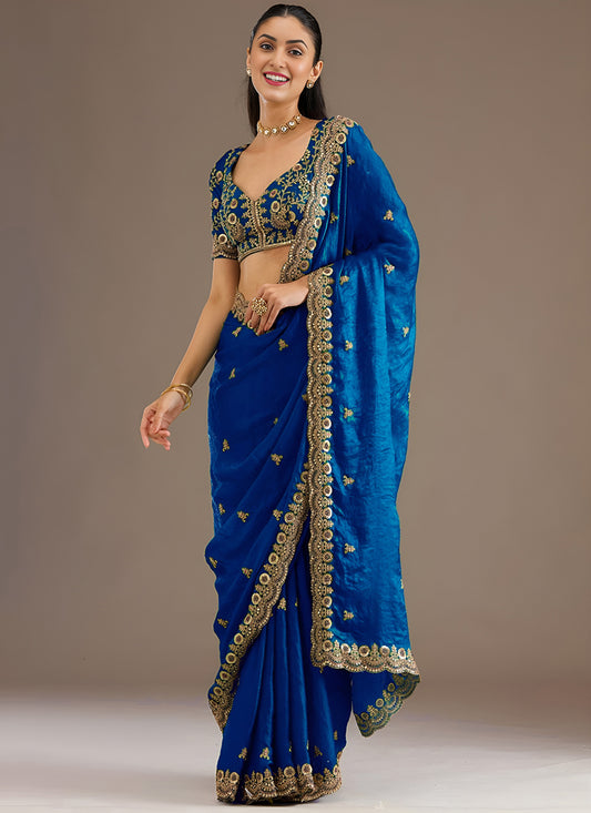 Royal Blue Designer Tissue Saree with Embroidery and Sequin Work