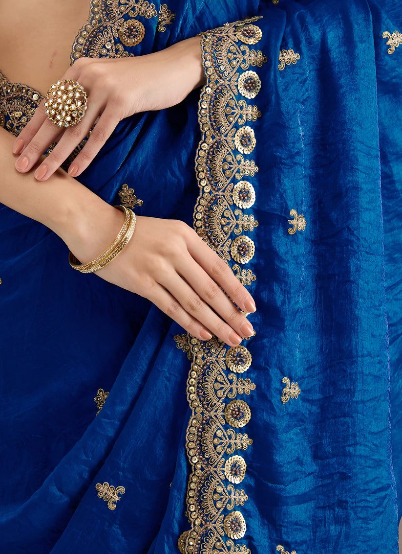 Royal Blue Designer Tissue Saree with Embroidery and Sequin Work